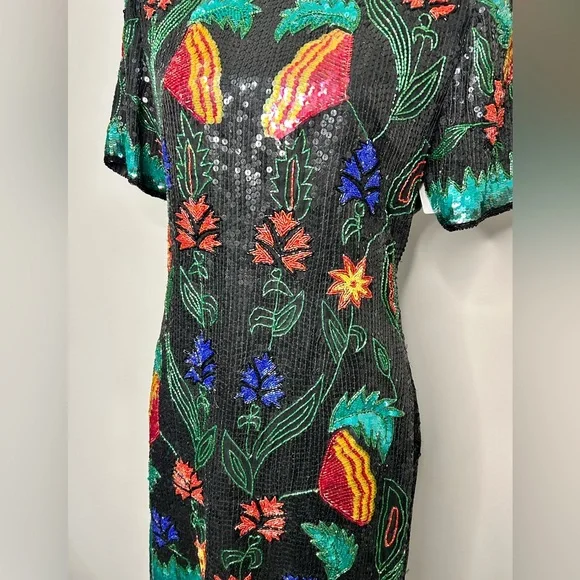 Vintage 80’s silk sequins fully beaded floral design knee length formal dress - Picture 3 of 16